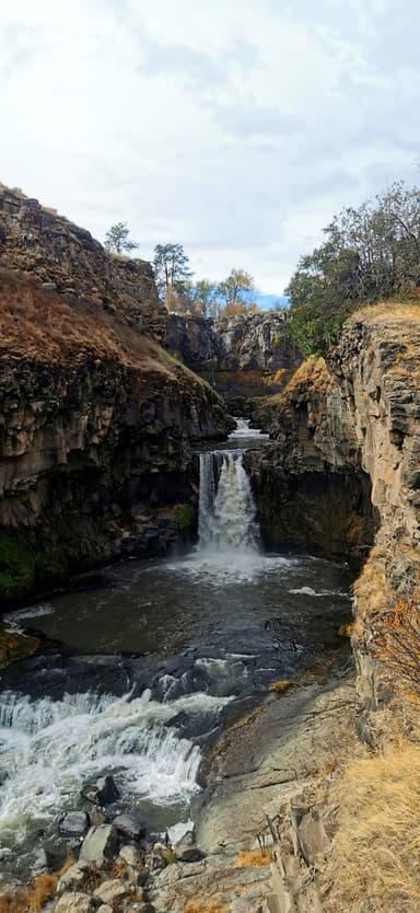 Une cascade entourée de rochers et de végétation à Oregon.